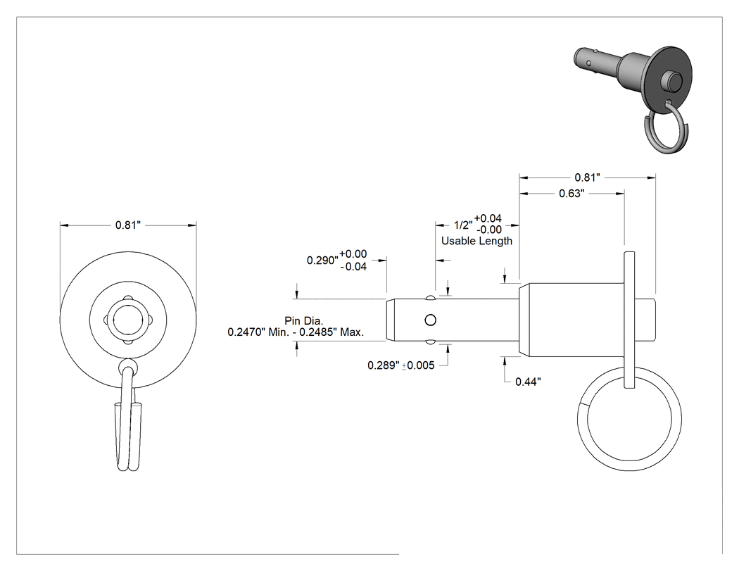Teknik Çizim - Topuzlu Tutamaklı Kilitleme Hızlı Açma Pimi, Strong-Hold, 17-4 PH Paslanmaz Çelik, 1/4" Çap, 1/2" Kullanılabilir Uzunluk