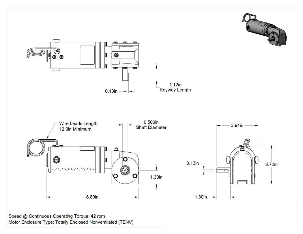 Teknik Çizim - Dik Açılı DC Dişliotor, 1/17 hp, 22 inç-lbs Torkta 42 rpm
