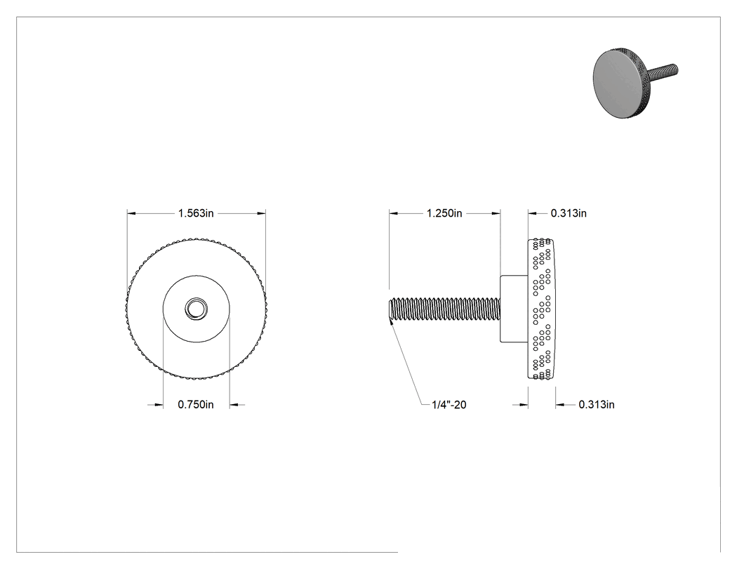 Teknik Çizim - Rahat Tutuşlu Plastik Tırtıllı Düğme, 1/4"-20 Dişli 1-1/4" Uzunluğunda Saplamalı, 1-9/16" Baş Çapı
