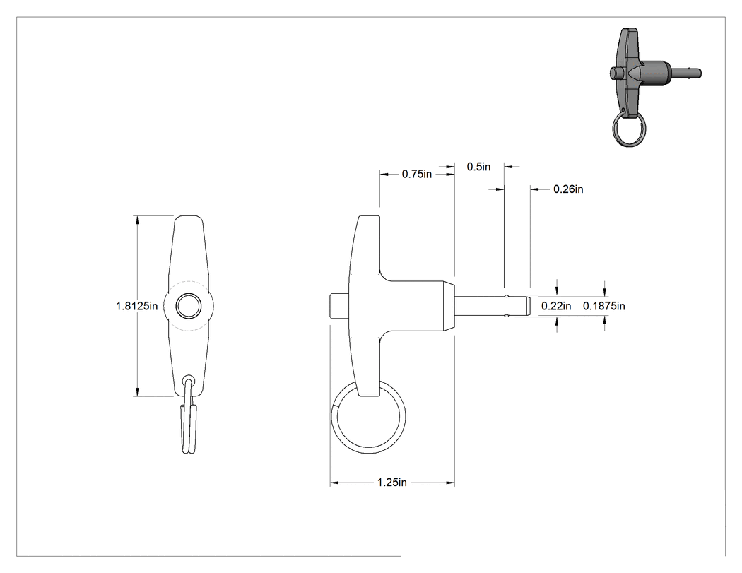 Teknik Çizim - Halka ile T-Kollu Kilitli Hızlı Açma Pimi, 17-4 PH Paslanmaz Çelik, 3/16" Çap, 1/2" Kullanılabilir Uzunluk