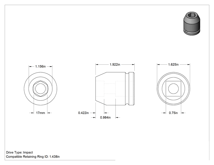 Teknik Çizim - 6 Uçlu Darbeli Soket, 3/4" Kare Tahrik, Standart, 17 mm Boyut, 1-15/16" Toplam Uzunluk
