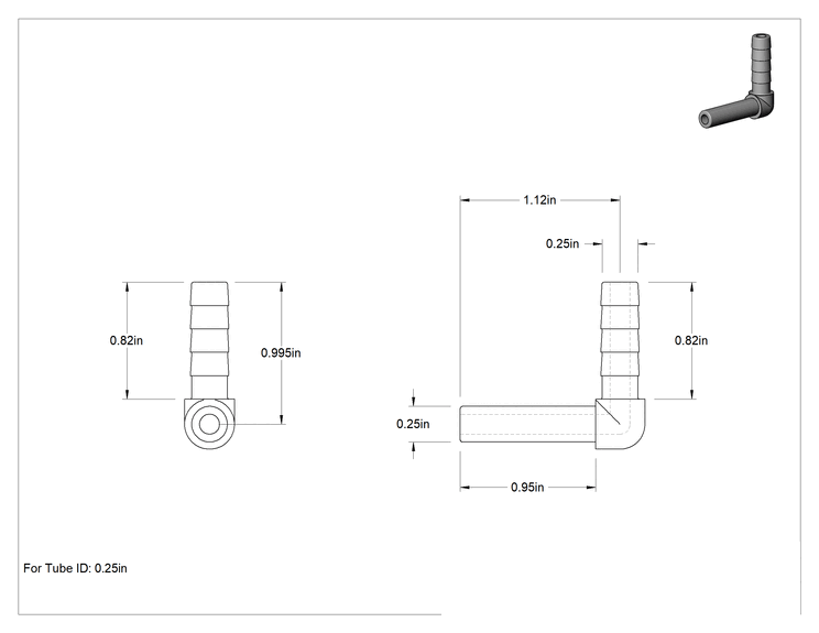 Teknik Çizim - İçme Suyu için İtme-Bağlantı Elemanı, Dirsek, 1/4" Boru Gövde Dış Çapı, 1/4" Tırnaklı Boru İç Çapı için