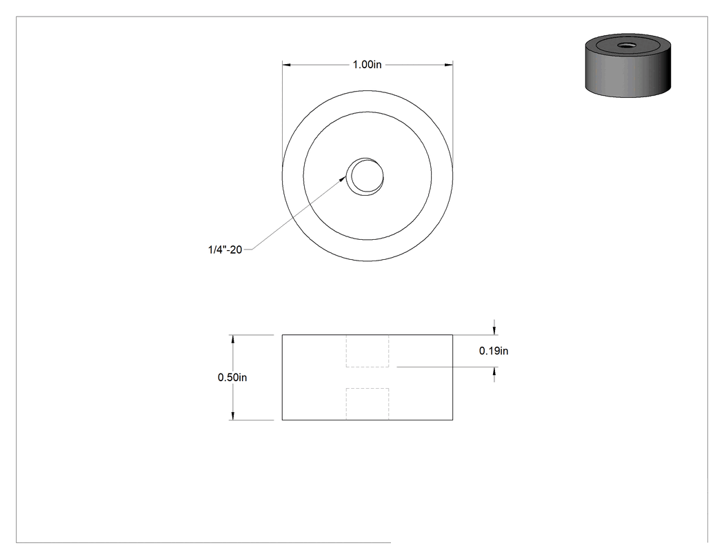 Teknik Çizim - Doğal Kauçuk Titreşim Sönümleyici Sandviç Montaj, 1/4"-20 Dişli Çelik Ek Parça, 210 lbs. Kapasite