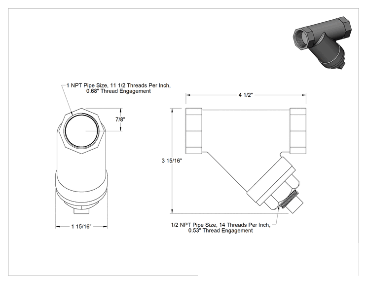 Teknik Çizim - Düşük Basınçlı Bronz Y-Süzgeç, Hasır Elekli, 1 NPT, 20 Mesh