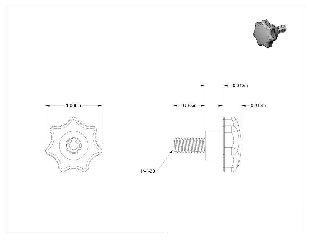Teknik Çizim - Naylon Yedi Kollu Topuz, 1/4"-20 Diş x 9/16" Uzunlukta Paslanmaz Çelik Saplama