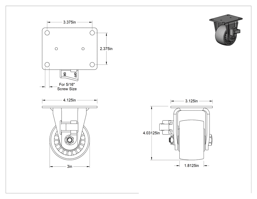 Teknik Çizim - Yüksek Kapasiteli Düşük Profilli Tekerlek, Frenli Sabit, 3" Çaplı Naylon Tekerlek ve 4-1/32" Montaj Yüksekliği