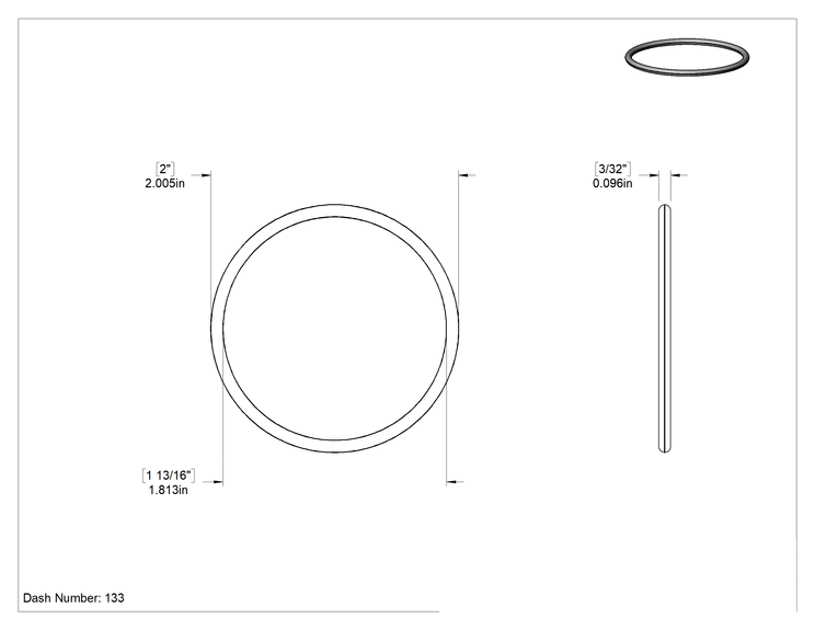 Teknik Çizim - Yağa Dayanıklı Metal ve X-Ray ile Tespit Edilebilir O-Ring, Buna-N, 3/32 Kesirli Genişlik, Dash No. 133