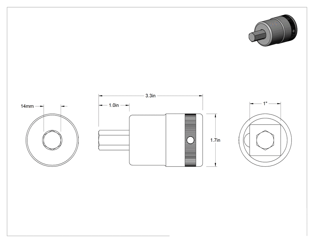 Teknik Çizim - 1" Kare Tahrik, 14 mm tahrik boyutu