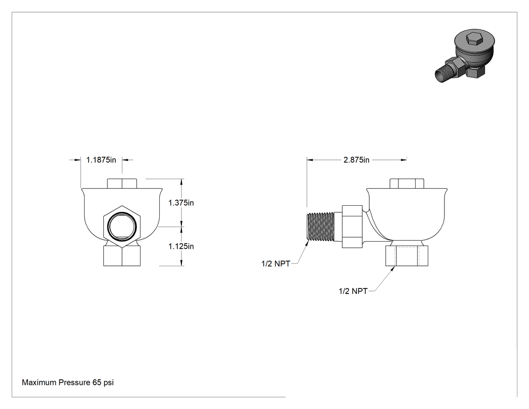 Teknik Çizim - Pirinç Buhar Kapanı, Yatay ve Dikey Yönlendirme, 1/2 NPT Erkek x Dişi, 65 PSI
