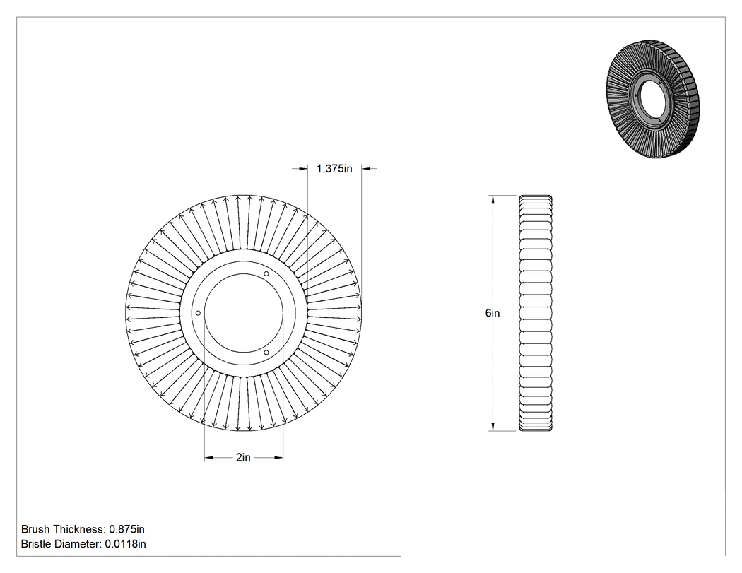 Teknik Çizim - Paslanmaz Çelik Kıllı Güçlü Temizleme Çelik Tekerlekli Fırça, CNC Makineleriyle Kullanım için, 6" Çap 7/8" Kalınlıkta Fırça