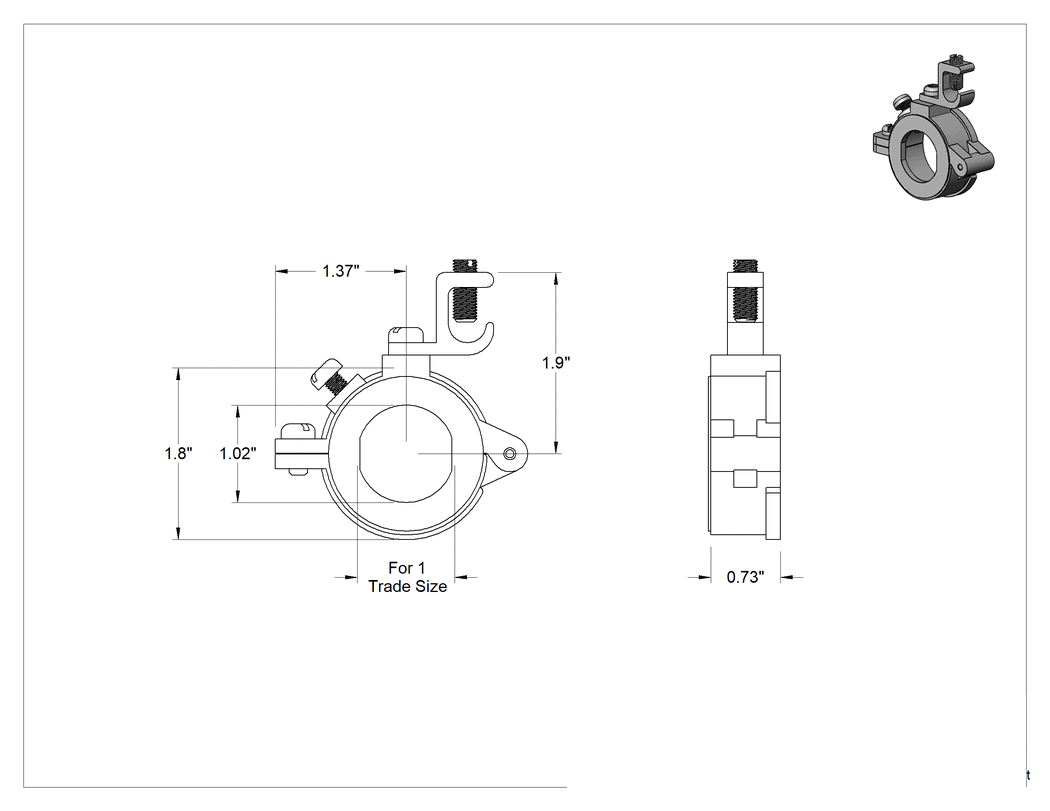 Teknik Çizim - 3/4 Anma Ölçüsü Orta ve Kalın Cidarlı Çelik Kanal için Menteşeli Topraklama Kelepçesi