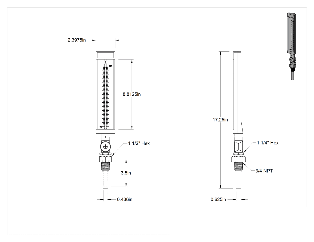 Teknik Çizim - Ayarlanabilir Açılı Hızlı Tepkili Termometre, NPT Diş, Pirinç Termovellli, 110°F Maksimum, 17.75" Yükseklik