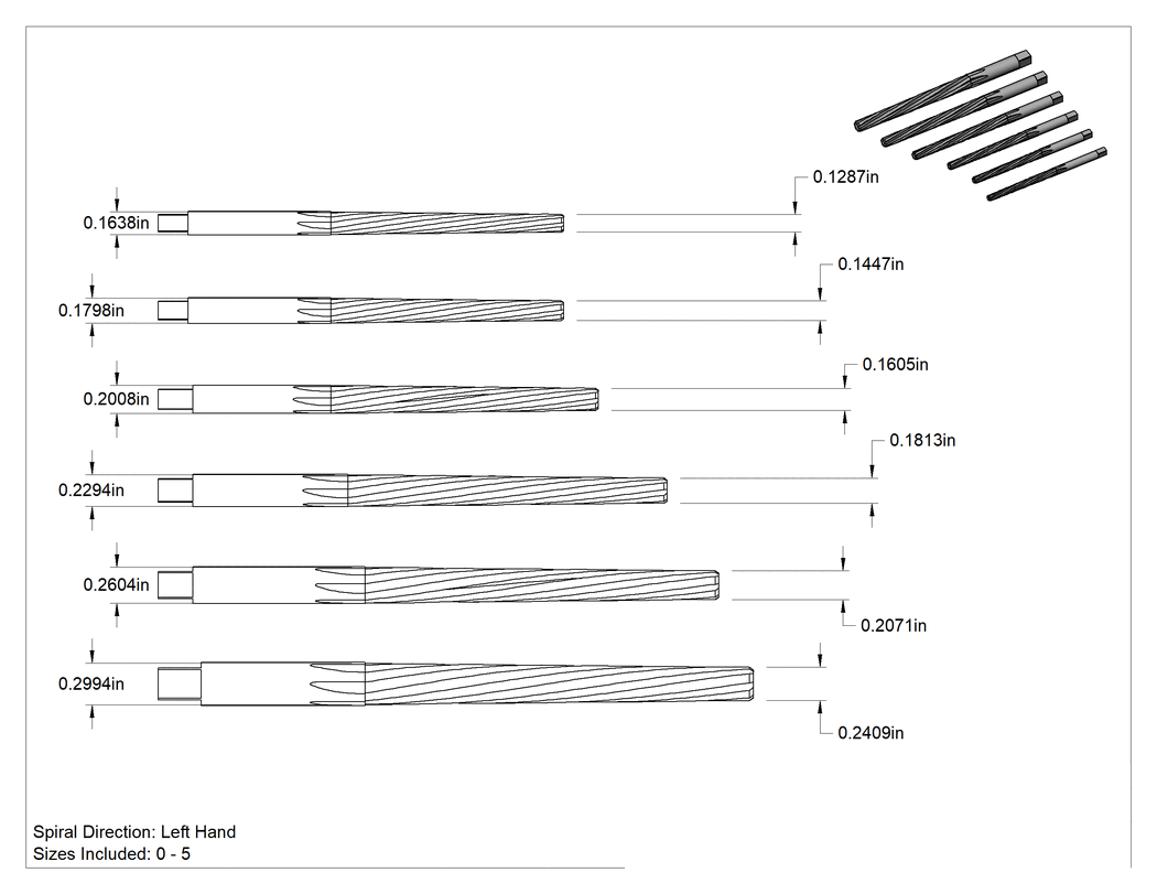 Teknik Çizim - Konik Pimli Delikler için Kare Şaftlı Rayba, 6 Parça Set, Spiral Yiv