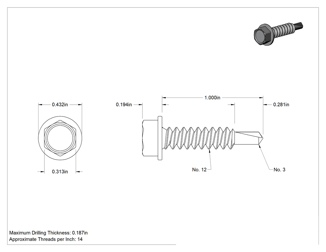 Teknik Çizim - 410 Paslanmaz Çelik Flanşlı Altıköşe Başlı Delme Vidaları, Beyaz Boyalı Başlıklı, 12 Numaralı Boyut, 1" Uzunluk