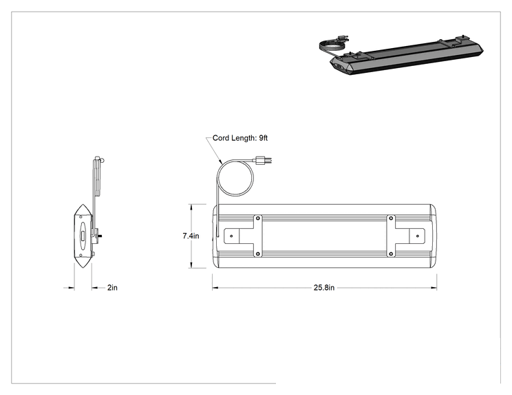 Teknik Çizim - T-Yivli Çerçeve için Tezgah Işığı, Üst Montaj, 25-7/8" Uzunluk, 1250 lümen