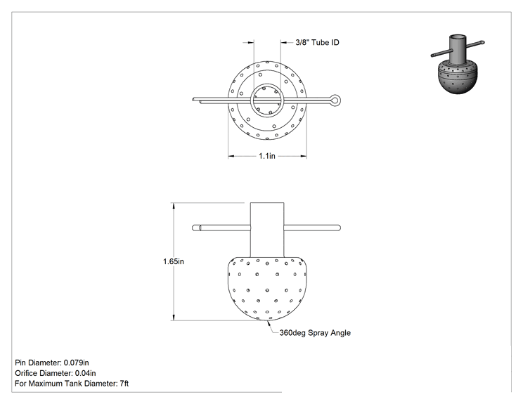 Teknik Çizim - Tank Yıkama Nozulu, Pim Bağlantılı, 316 Paslanmaz Çelik, 3/8" Dişi Boru İç Çapı, 20 PSI'da 11 gpm
