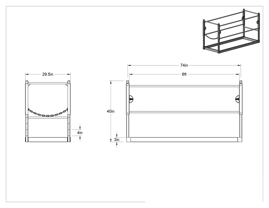 Teknik Çizim - 6 Fit Toplam Uzunluk Düz Olmayan Yüzeyli İskele için Korkuluk/Ayaklık Kiti