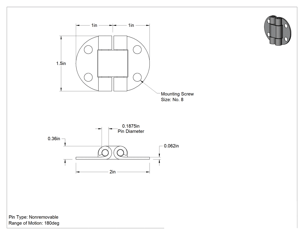 Teknik Çizim - Kayış Menteşesi, 304 Paslanmaz Çelik, 1-1/2" x 1" Kapı Kanadı