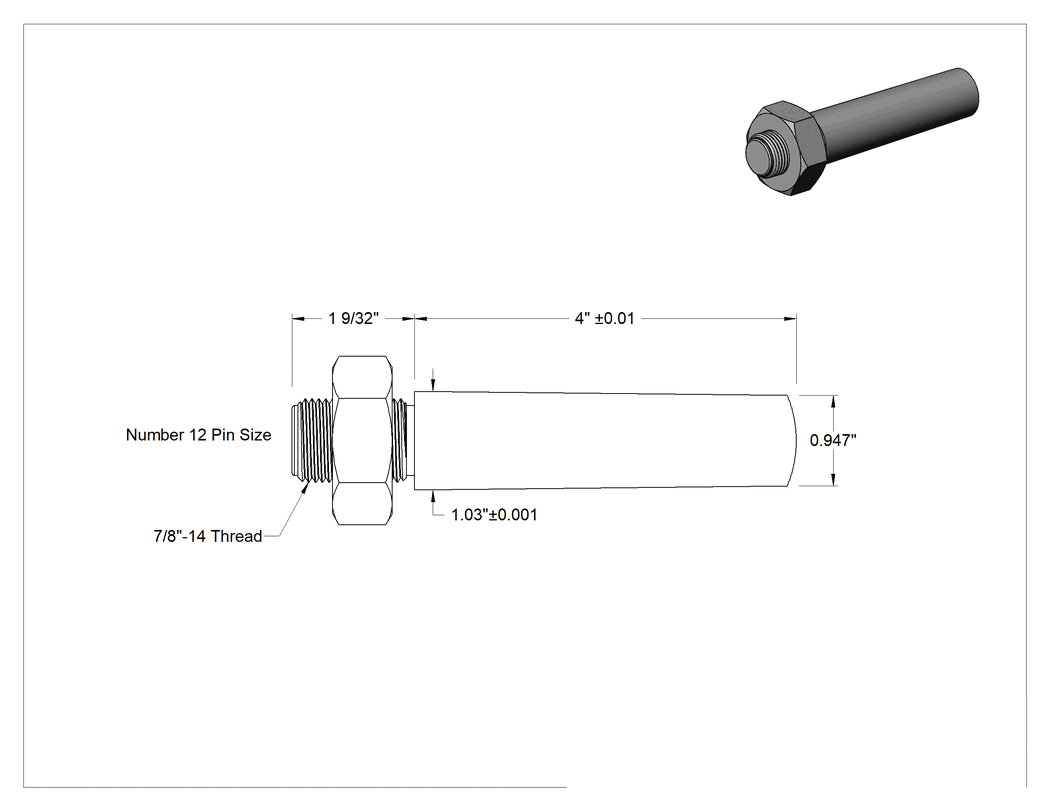 Teknik Çizim - 12L14 Karbon Çelik Dişli Konik Pim, 12 Numaralı Pim, 1.030" Büyük Uç Çapı, 4" Uzunluk