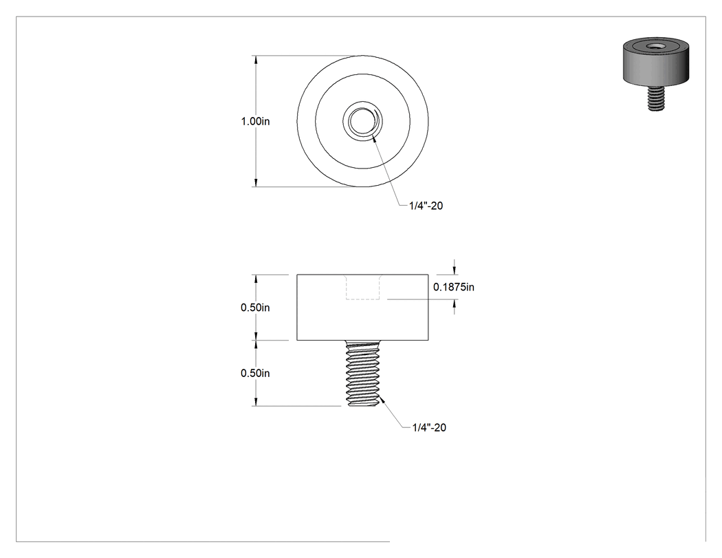 Teknik Çizim - Neopren Titreşim Sönümleyici Sandviç Montaj, 1/4"-20 Çinko Kaplı Çelik Saplama ve Ek Parçalı, 100 lbs. Kapasite