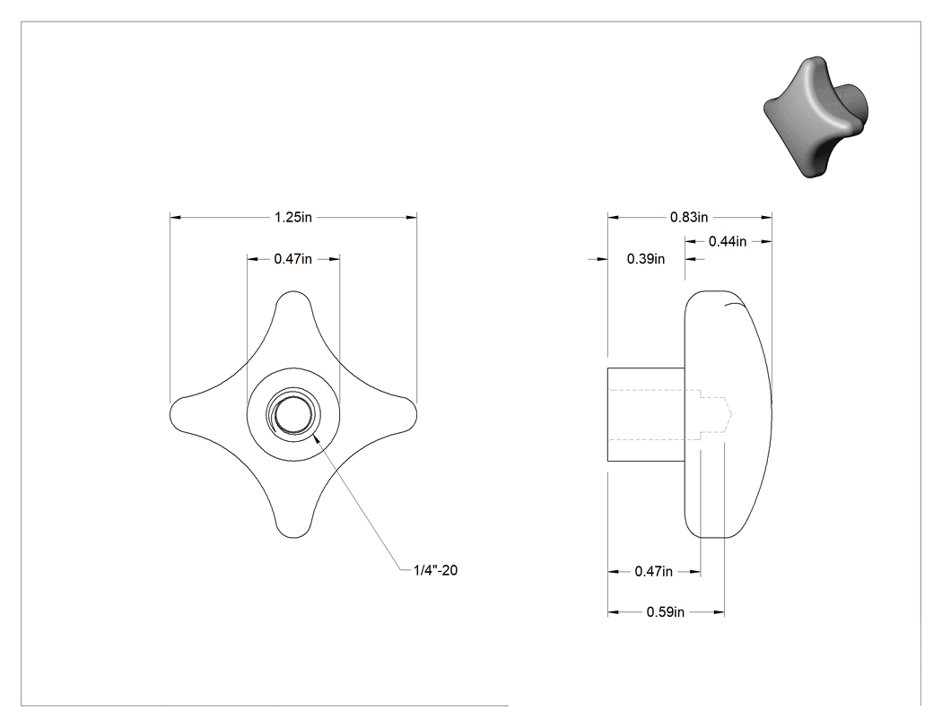 Teknik Çizim - Paslanmaz Çelik Dört Kollu Topuz, 1/4"-20 Dişli Delik
