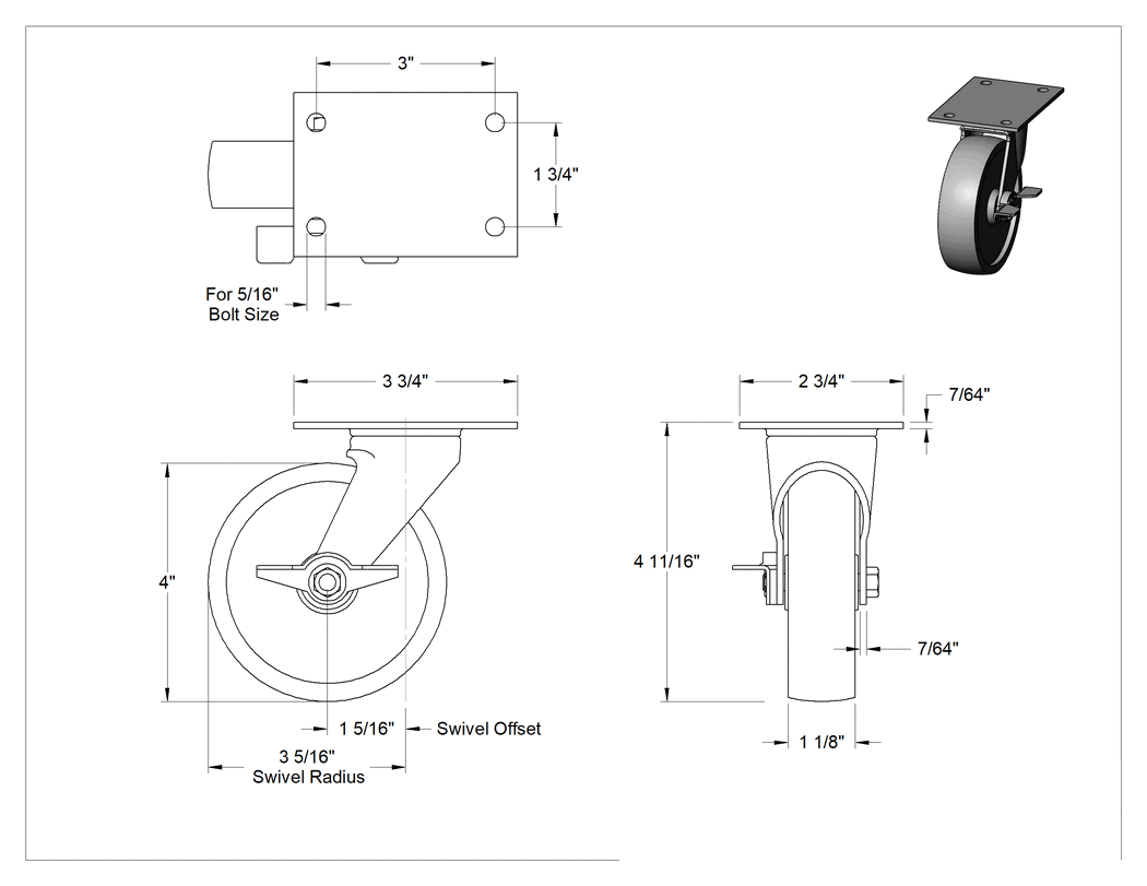 Teknik Çizim - Cart-Smart Tekerlek, Frenli ve 4" Çaplı 90A Durometreli Polipropilen Tekerlekli Döner Tekerlek