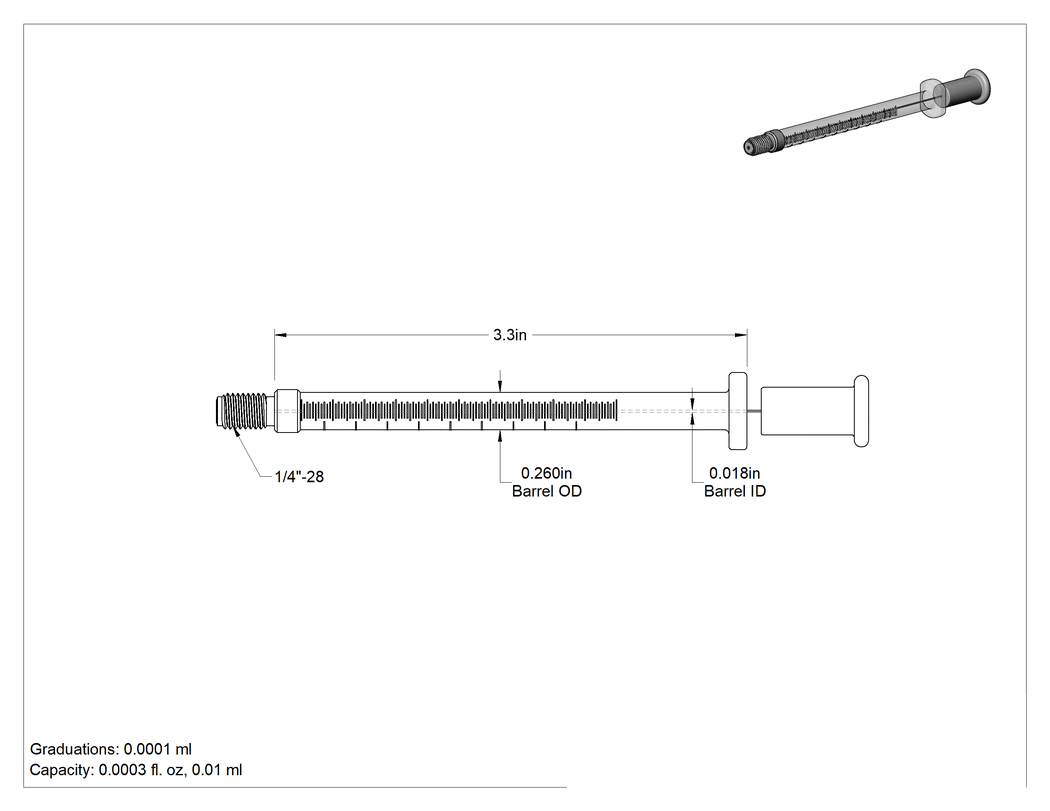 Teknik Çizim - Cam Şırınga, Dişli Bağlantılı, PTFE Piston, 0.01 ml Kapasite