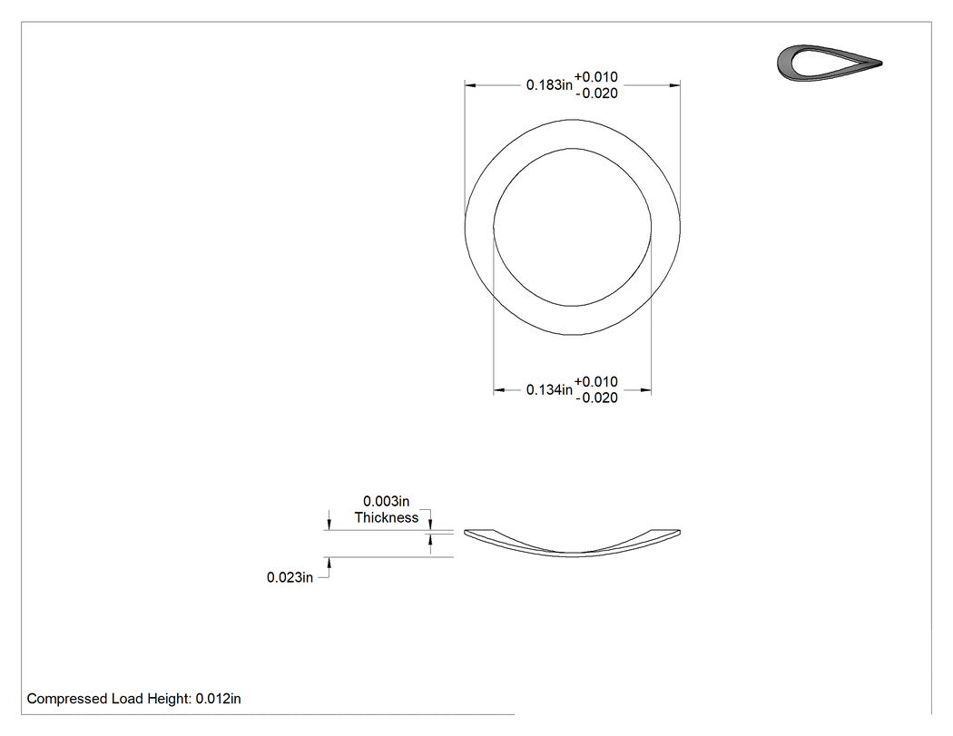 Teknik Çizim - Dalgalı Disk Yay, Paslanma ve Aşınmaya Dayanıklı, 0.134" İç Çap, 0.183" Dış Çap, 0.0035" Kalınlık