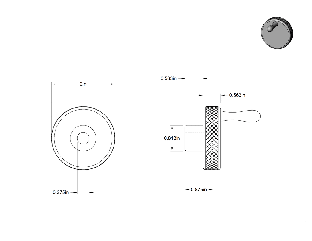Teknik Çizim - Kollu Dişsiz Delikli Düğmeler, 3/8" Çapında Dişsiz Delik ve Tutamaklı
