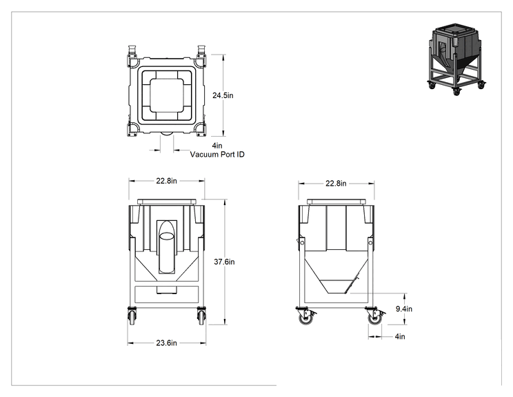 Teknik Çizim - Vakum Bağlantı Noktalı Mobil Küçük Parça Dağıtıcı, 23" Genişlik x 23" Derinlik x 37-5/8" Yükseklik