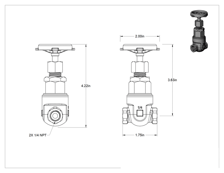 Teknik Çizim - Bronz Gövde ve Sürgülü Kademeli Açma/Kapama Vanası, Tekerlek Kolu ve Yükselmeyen Mil, Sınıf 125, 1/4 NPT Dişi