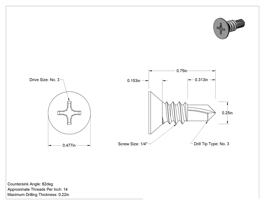 Teknik Çizim - Phillips Havşa Başlı Delme Vidası, Çinko Kaplı Çelik, 1/4" Vida Boyutu, 3/4" Uzunluk