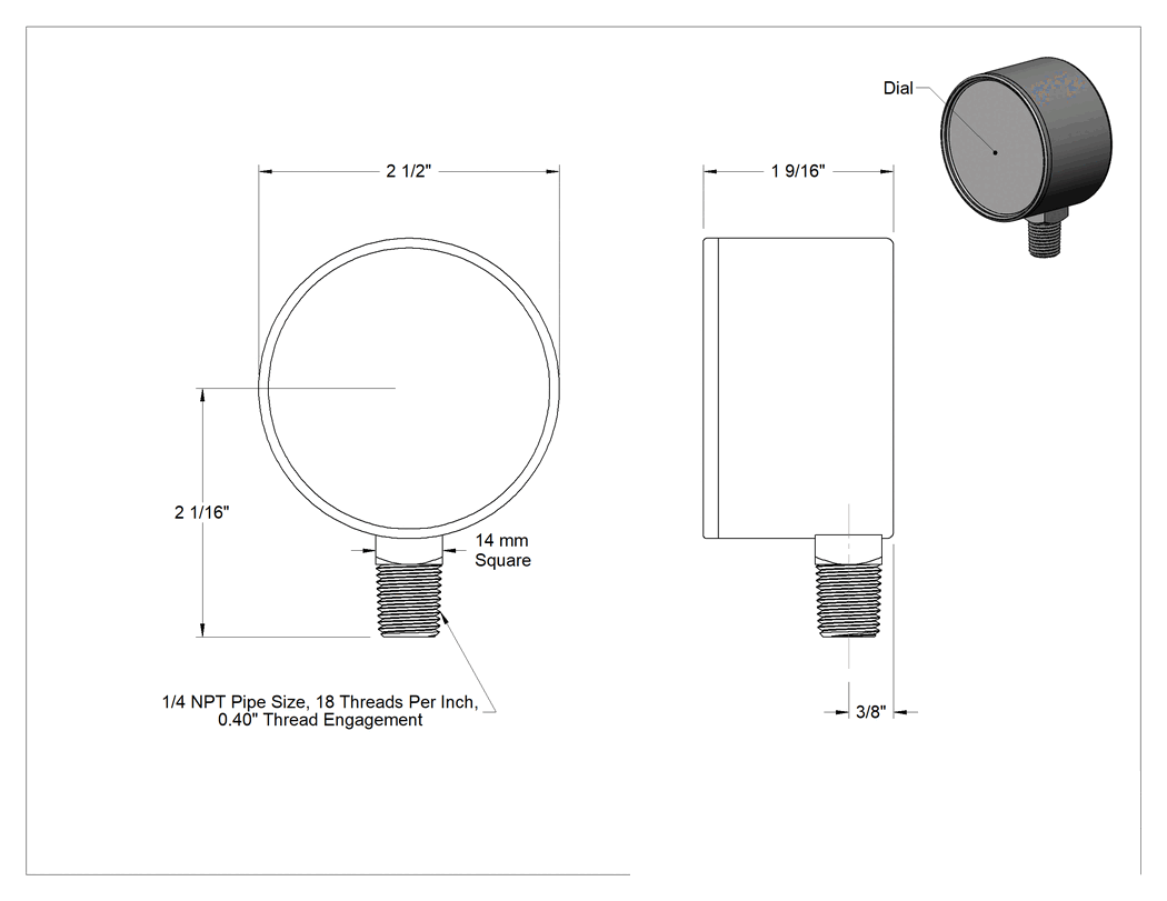 Teknik Çizim - 1/4 NPT Erkek Alt Bağlantılı Ultra Düşük Vakummetre, 2-1/2" Kadran, Boyalı Çelik Kasa, -15 ila 0 inç H2O