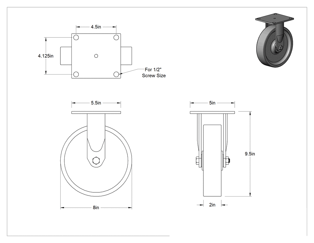 Teknik Çizim - 5-1/2" x 5" Plakalı Yüksek Kapasiteli Spartan Tekerlek, 8 inç Çapında 75D Sertlikte Poliüretan Tekerlekli Sert