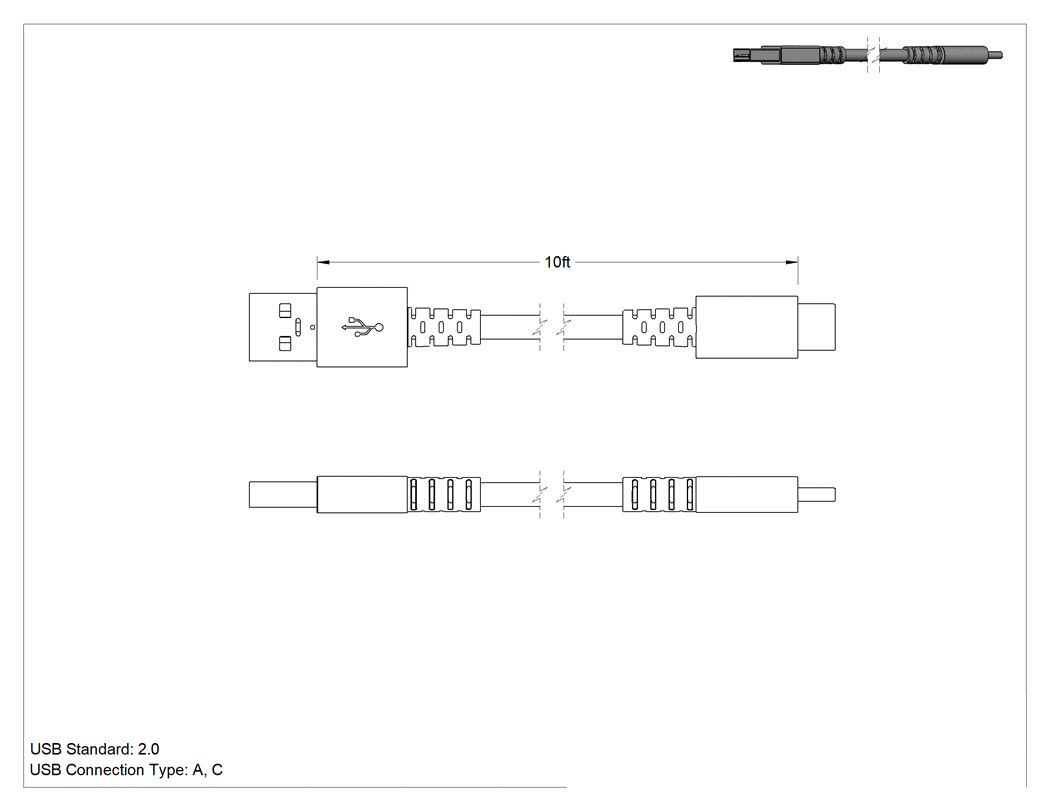 Teknik Çizim - Uzun Ömürlü USB Kablosu, Çift Korumalı, A Fiş x C Fiş, 10' Uzunluk, Siyah