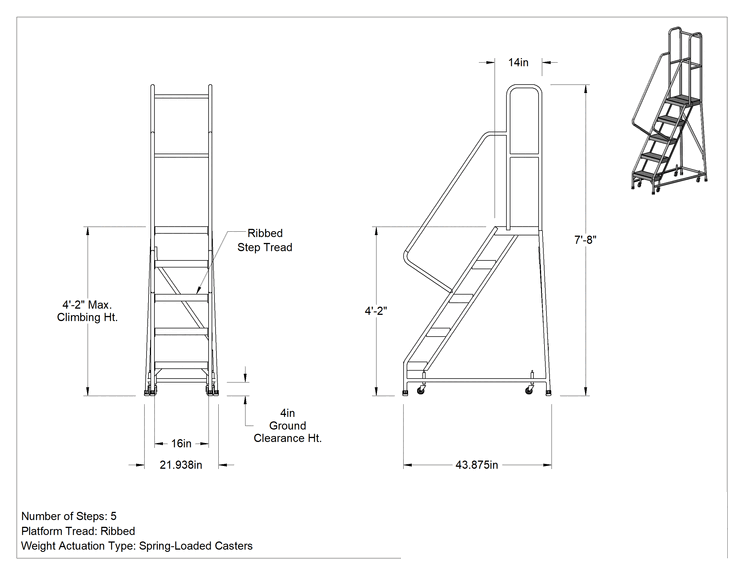 Teknik Çizim - Hafif Alüminyum Tekerlekli Platform Merdiveni, Yivli Basamaklar, 7'8" Yükseklik x 22" Genişlik x 44" Derinlik Toplam