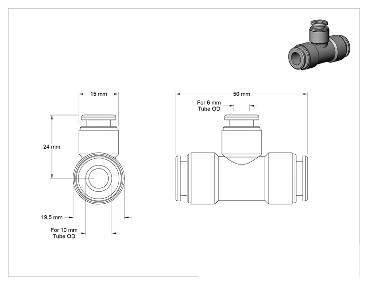 Teknik Çizim - Bas-Bağlantı Elemanı, 10 mm x 6 mm Dış Çaplı Boru için Hat Üstü T Redüktör