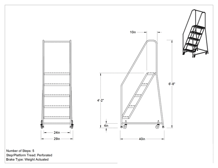 Teknik Çizim - Yuvarlanan Platform Merdiveni, 5 Delikli Basamaklı, 6'8" Yükseklik x 29" Genişlik x 40" Derinlik Toplam