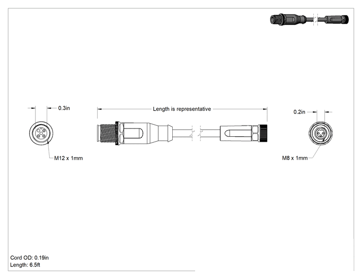 Teknik Çizim - Nano M8/Mikro M12 Adaptör Kablosu, 3 Kutuplu M12 Konektör x 3 Kutuplu M8 Soket, 6-1/2 Fit Uzunluk