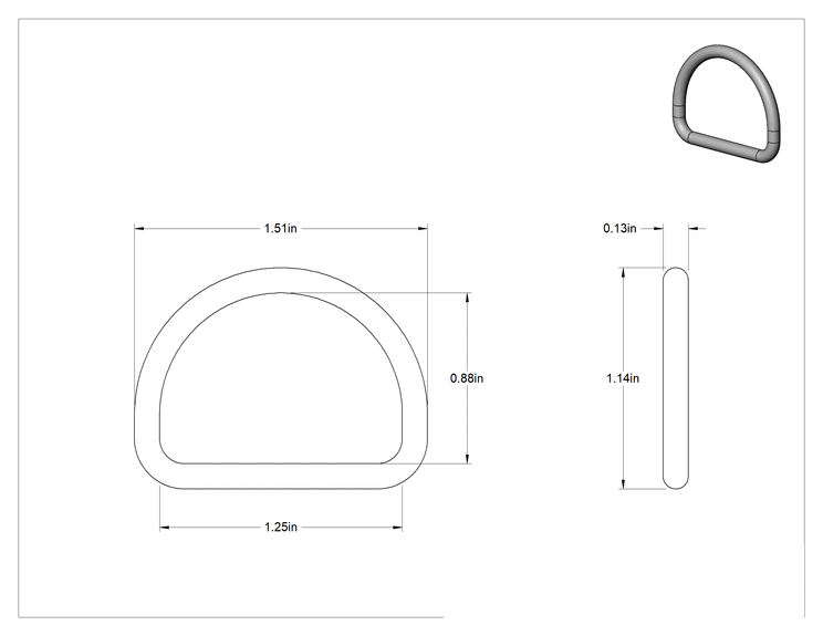 Teknik Çizim - 316 Paslanmaz Çelik D-Halkası, 1/8" Kalınlık, 7/8" İç Uzunluk