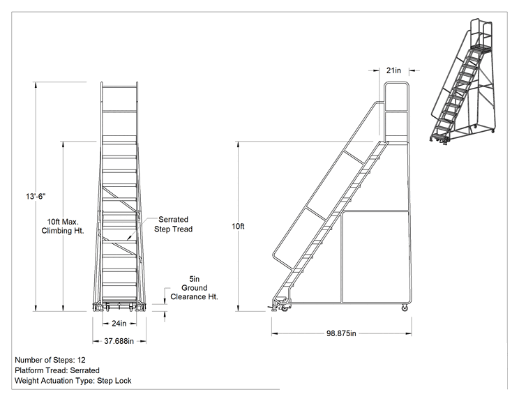 Teknik Çizim - Hafif Alüminyum Tekerlekli Platform Merdiveni, Tırtıklı Basamaklar, 13'6" Yükseklik x 42" Genişlik x 99" Derinlik Toplam