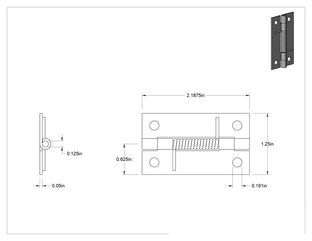 Teknik Çizim - Yaylı Menteşe, Delikli, Kendinden Kapanan, Çinko Kaplamalı, 2-3/16" x 5/8" Yaprak