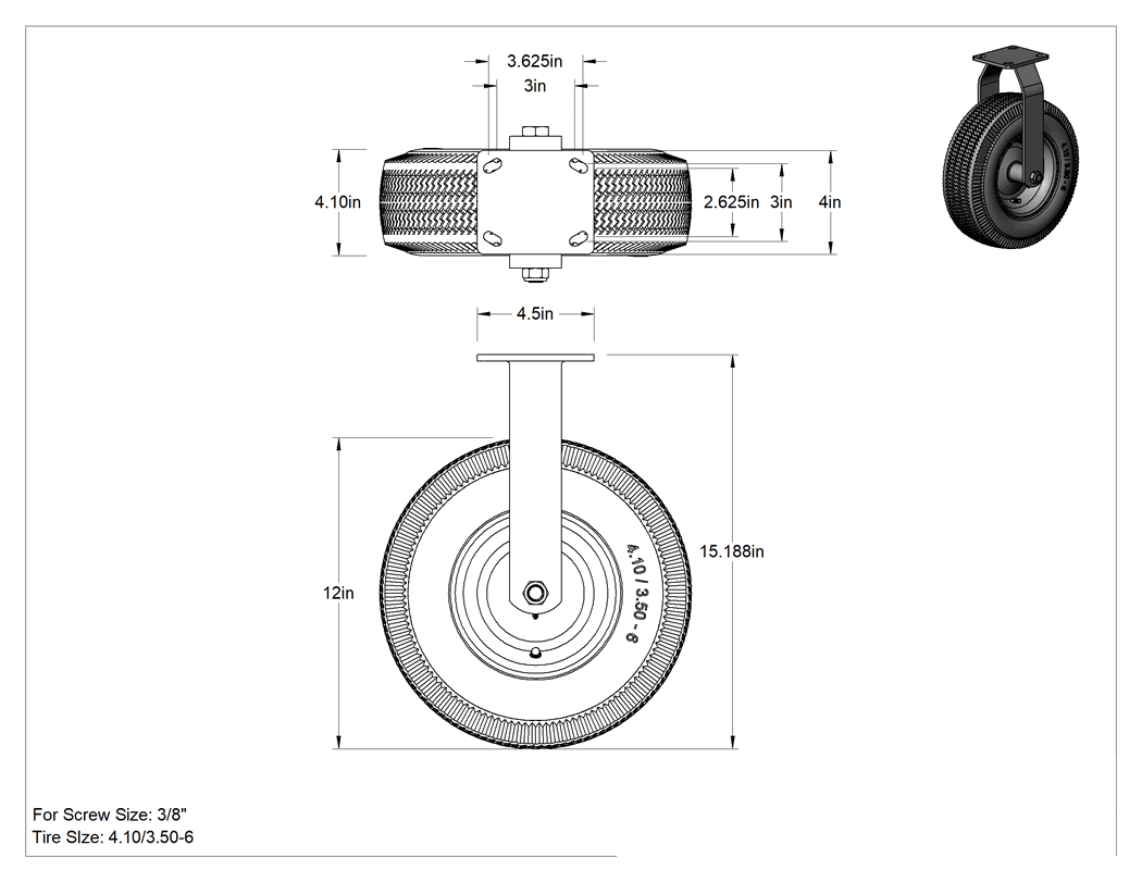 Teknik Çizim - 4-1/2" x 4" Plakalı Tekerlek, Sabit, 12" Çapında Siyah Kauçuk Pnömatik Tekerlekli