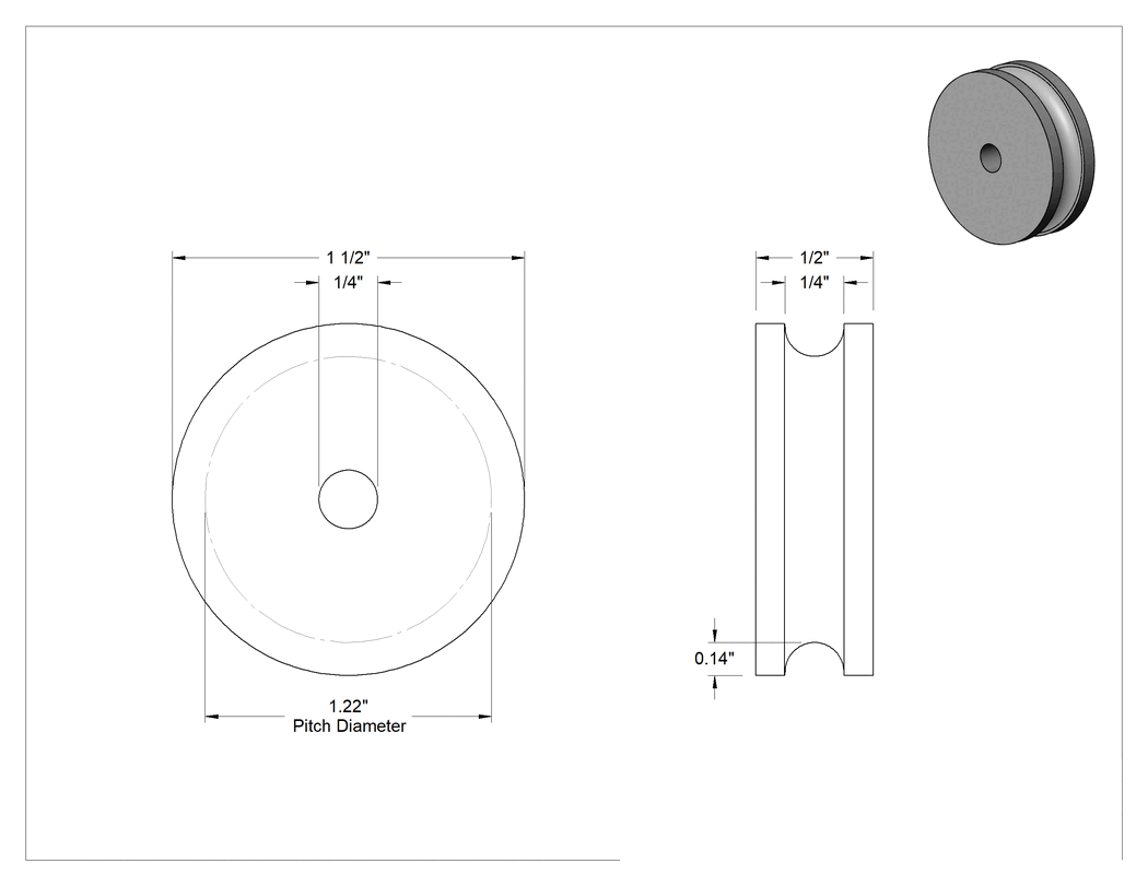 Teknik Çizim - Kasnak, 1/4" Çaplı Yuvarlak Kayış için, 1.5" Dış Çap