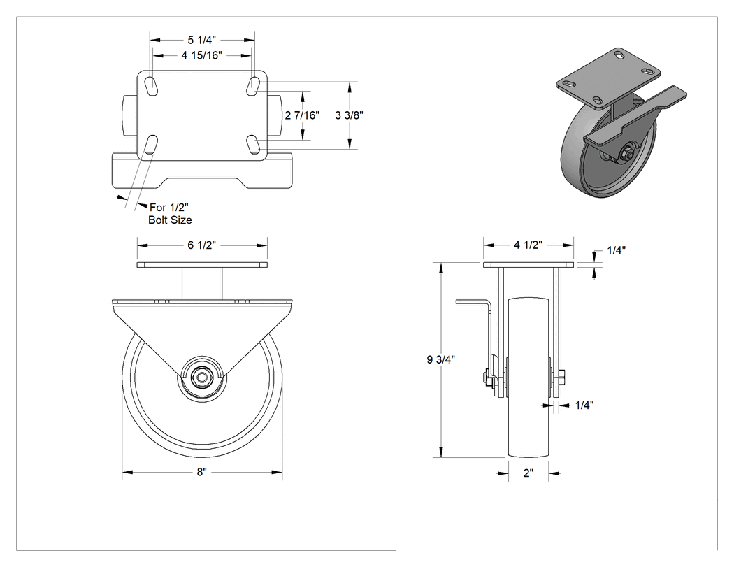 Teknik Çizim - 6-1/2" x 4-1/2" Plakalı Yüksek Kapasiteli Kingston Tekerlek, Sağ Taraf Frenli ve 8 inç Çapında Metal Tekerlekli Sert