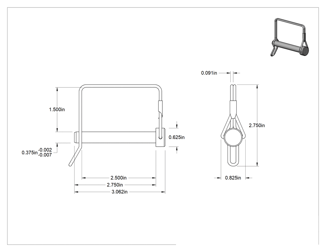 Teknik Çizim - Tel Tutuculu 18-8 Paslanmaz Çelik Çatal Pim, Halka ve Tırnaklı Sqd, 3/8" Çap, 2-1/2" Kullanılabilir Uzunluk