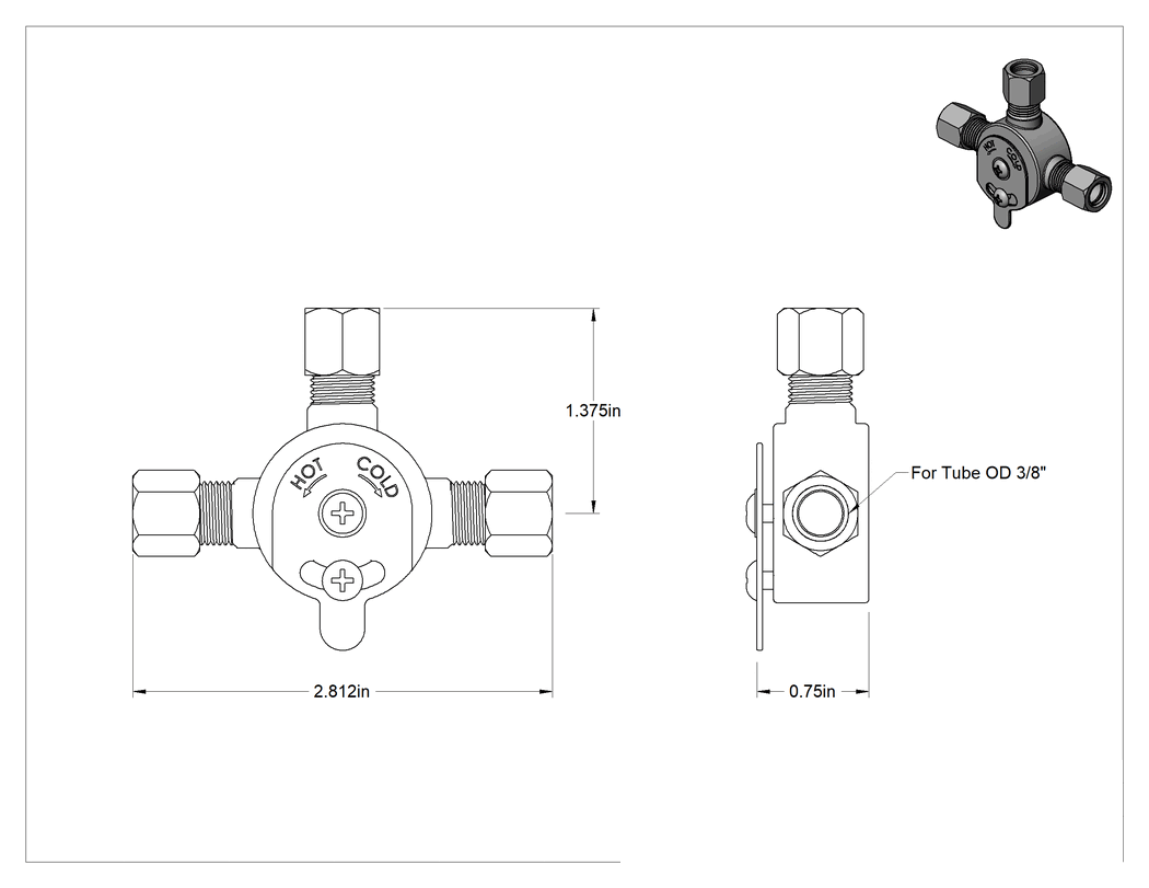 Teknik Çizim - Sıkıştırma Bağlantı Elemanlı Karıştırma Vanası, Su için 3/8" Dış Çaplı Boru