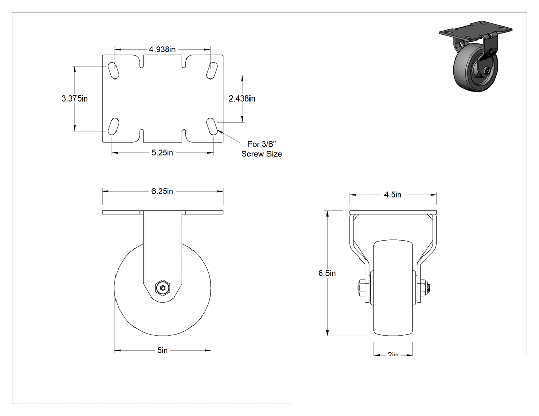 Teknik Çizim - 6-1/4" x 4-1/2" Plakalı Yüksek Kapasiteli Mauler Tekerlek, 5" Çapında Fenolik Tekerlekli Sert