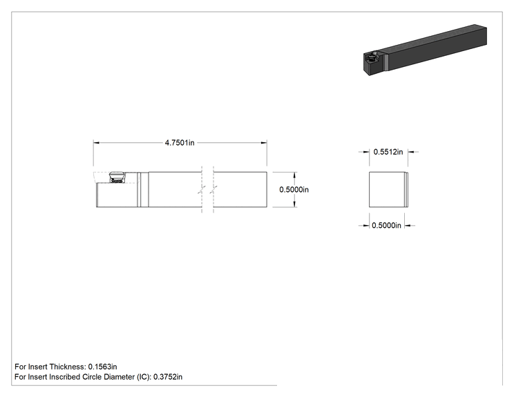 Teknik Çizim - Hassas Karbür Uç Tutucu, Sdlc, Sağ Yönlü, 1/2" Şaft, 3/8" iç çember çapı için