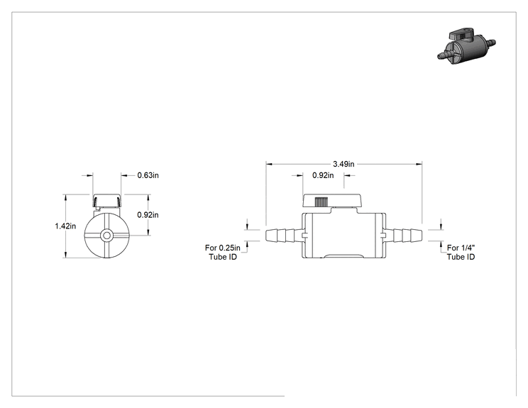 Teknik Çizim - Kimyasallar için Açma/Kapama Vanası, Kol Tutacağı, PVDF, 1/4" Boru İç Çapı için Tırnaklı Bağlantı Parçaları